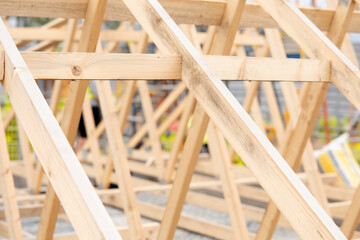 Wooden Framework Rises Under the Afternoon Sun at Construction Site Bustling With Activity