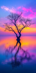 Fototapeta premium Stunning Twilight Reflections of a Solitary Tree by the Tranquil Lake at Sunset
