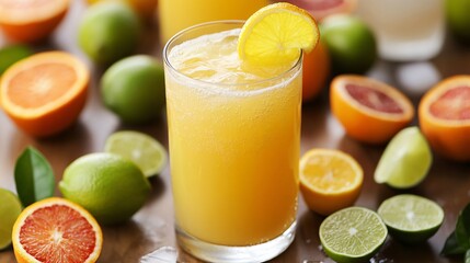 A glass of yellow citrus drink with citrus fruits around it.