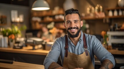 Fototapeta premium A cheerful young man working as a cashier in a café