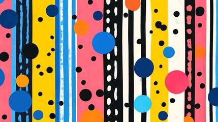 Abstract colorful geometric pattern with stripes, dots, and circles.