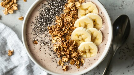 Close-up of a smoothie bowl with banana, chia seeds, and granola.