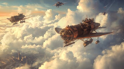 A steampunk airship flies through the clouds above a city.