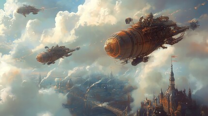 A steampunk airship flies over a city in the clouds, surrounded by other airships.