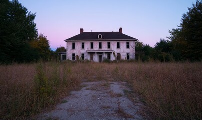 Obraz premium Abandoned House Surrounded by Overgrown Grass at Dusk in a Quiet Rural Area