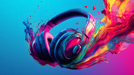 A high-resolution image of futuristic wireless headphones covered in vibrant, dripping paint on a clean blue background. The abstract and colorful paint splash effect creates a striking