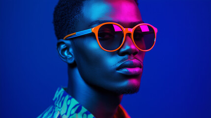 Stylish and Bright: Young Black Man in Colorful Sunglasses with Blue Backdrop