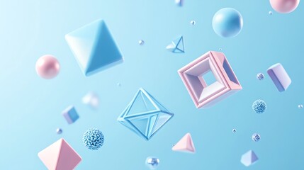 Naklejka premium Abstract 3D illustration of colorful geometric shapes floating in the air against a soft blue background.