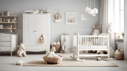 Scandinavian-style baby room featuring a white cot and rocking horse
