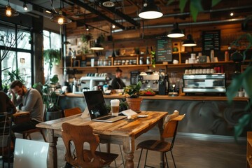 Customers enjoy their time in a warm cafÃ© featuring wooden furniture while a barista skillfully brews coffee in the background, creating a welcoming atmosphere.