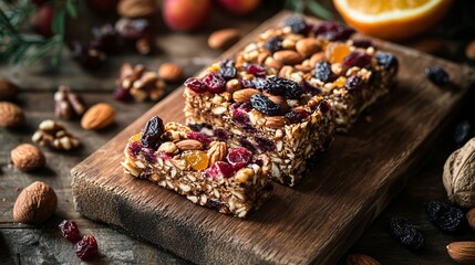 Close-up of homemade granola bars with dried fruits and nuts on a wooden cutting board.
