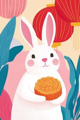 Fototapeta premium cute flat modern illustration white bunny holding a mooncake, traditional red Chinese lanterns in the background, mid autumn festival
