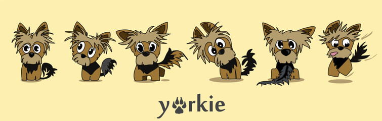 A cheerful cartoon image of a small dog of the Yorkshire terrier breed. Stylized puppy logo. Cute animal emotions.