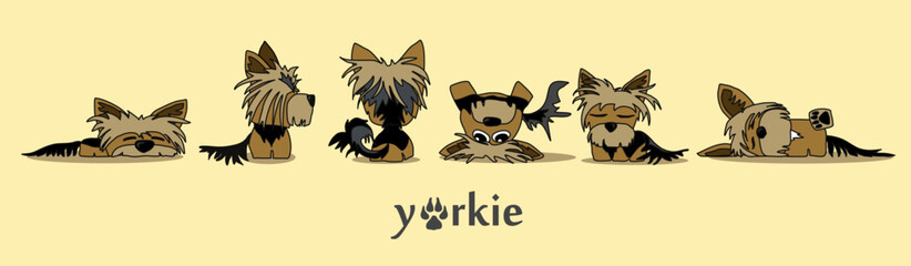 A cheerful cartoon image of a small dog of the Yorkshire terrier breed. Stylized puppy logo. Cute animal emotions.