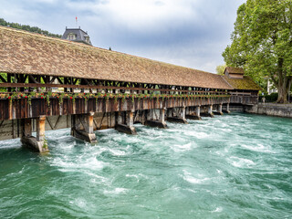 Historic downtown in Thun amd Aar river, Switzerland