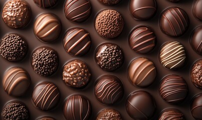 Assorted Gourmet Chocolate Truffles Arranged Neatly on a Chocolate Backdrop