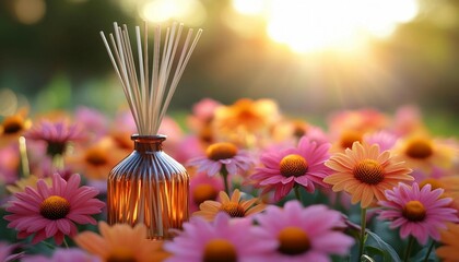 Reed Diffuser with Floral Scent Displayed in a Sunlit Flower Garden, reed diffuser in a bright, sunlit flower garden, aroma reed diffuser