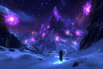 Naklejka premium Silhouette of a person in a snowy, fantasy landscape with glowing, colorful crystals and stars in the night sky