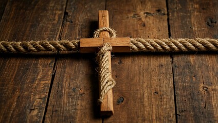 Wooden cross and rope on a rustic table.