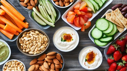 Naklejka premium A variety of healthy snacks including carrot sticks, almonds, cucumber, tomato, peanuts, crackers, strawberries, and dips.