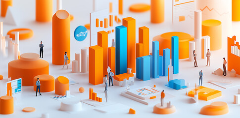 3D bar and line chart with businesspeople