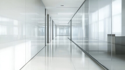 Fototapeta premium A modern, sleek corridor featuring glass walls and polished floors in an office environment.