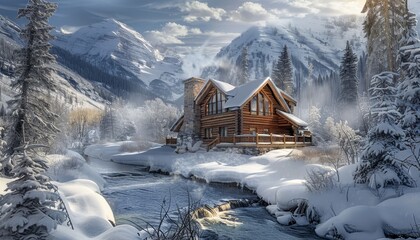 Cozy cabin by snowy river in winter mountain landscape

