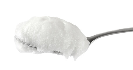 Render lard, pig fat spread on metal spoon, isolated on white