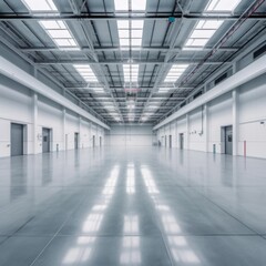 Fototapeta premium Spacious, empty, white industrial warehouse with sleek, polished floors and high ceiling with skylights, ready for storage or manufacturing.