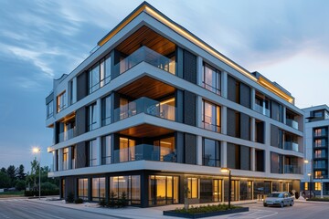 Obraz premium A contemporary apartment building stands illuminated at dusk, showcasing its sleek design and large windows, surrounded by greenery and a tranquil atmosphere.