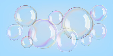 Transparent circle soap bubbles float in bath water, 3D sphere. Rainbow glass ball reflects soap suds. Liquid drops, gradient contrast flare on sky blue wash, design elements for air balloons in wind.