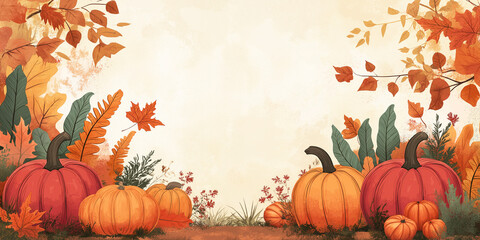 Thanksgiving background featuring illustration of a pumpkin and floral decorations
