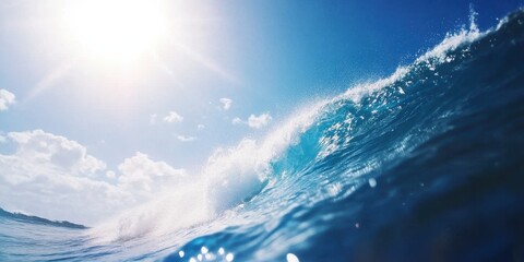 Fototapeta premium A powerful ocean wave crests under a bright sunlit sky with scattered clouds, capturing the energy and majesty of the sea during a clear day at the beach.