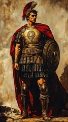 Obraz premium A Roman Warrior Stands Proudly in Armor With a Red Cape Against a Dramatic Background