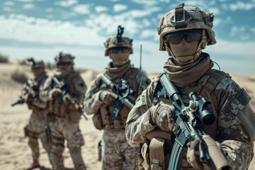 Obraz premium A group of soldiers, clad in desert camouflage, stands alert with their weapons ready in a sandy landscape, showcasing their readiness and focus during the training exercise.