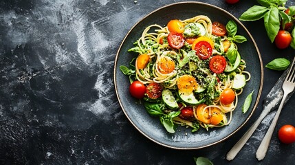 Top view of a plate of spaghetti with zucchini, cherry tomatoes, and pesto on a dark background.