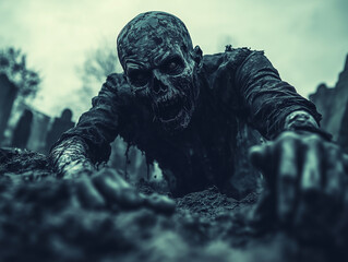 A zombie breaking out of the ground in a dark cemetery