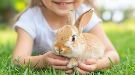 Cute little girl playing with a rabbit on the green grass on a sunny day, a happy child and bunny outdoors.