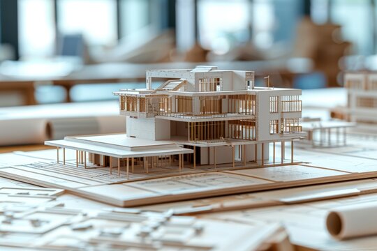 A model of a building with a lot of windows and a tree in front of it, generative ai image