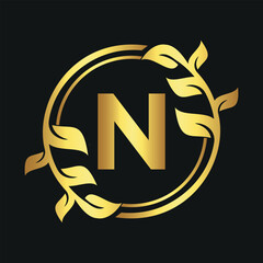 Initial leaf circle Logo combine with letter N vector template