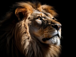 closeup on a lion looking up profile isolated on black background