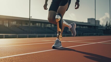 Fototapeta premium A person with prosthetic legs is running on a track. Concept of determination and perseverance, as the person with the prosthetics is able to run despite their physical limitations