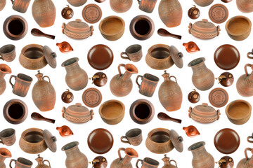 Various clay dishes from different angles isolated on white. Seamless pattern.