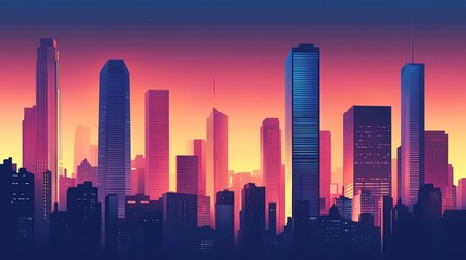 Fototapeta premium A city skyline at sunset with a vibrant gradient sky.