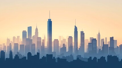 A city skyline with tall buildings, set against a hazy sunrise or sunset.