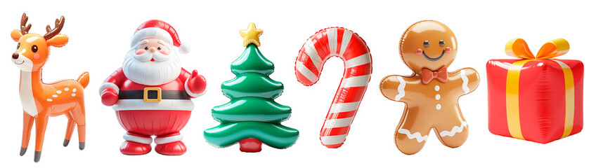 Collection in 3D inflatable style with traditional Christmas elements. Set of New Year design elements on transparent background: Santa Claus, deer, gingerbread, lollipop, gift box, Christmas tree