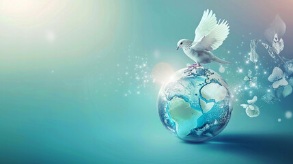 World Peace Day Banner with a bird flying over a globe with a bird flying around it, international day of peace concept. World peace day