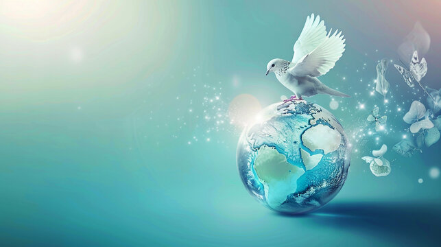 World Peace Day Banner with a bird flying over a globe with a bird flying around it, international day of peace concept. World peace day