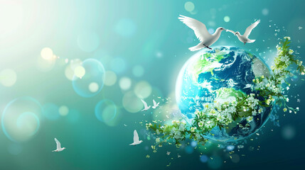 World Peace Day Banner with a picture of a globe with birds flying around it, international day of peace concept. World peace day