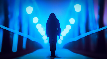 Full growth silhouette of a dangerous man wearing hood and holding metal bar in the hand, night city street background. True crime podcast cover.